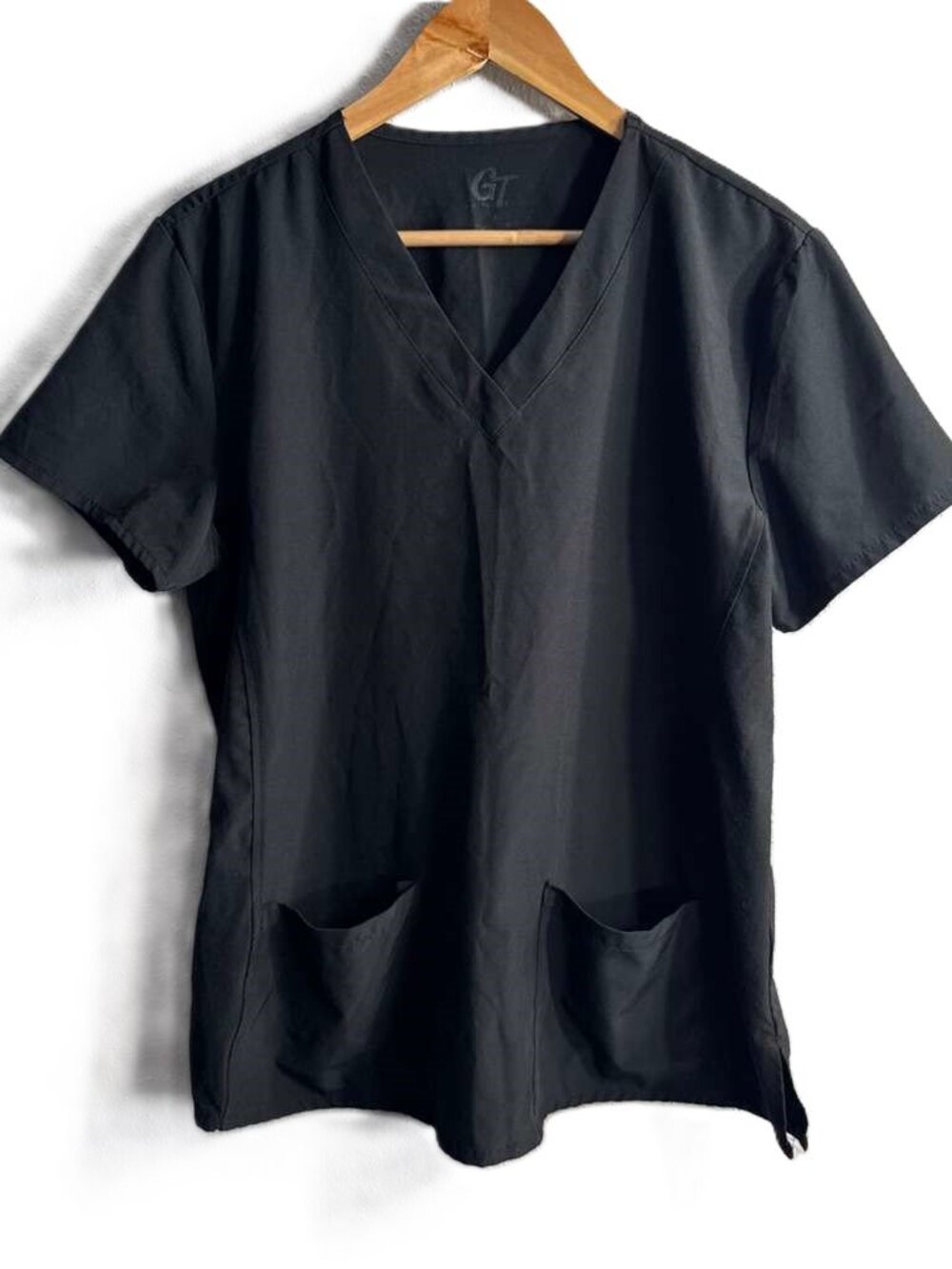 GT Performance Women Black Nurse Scrub Top L Stretch 2 Pocket Medical Uniform